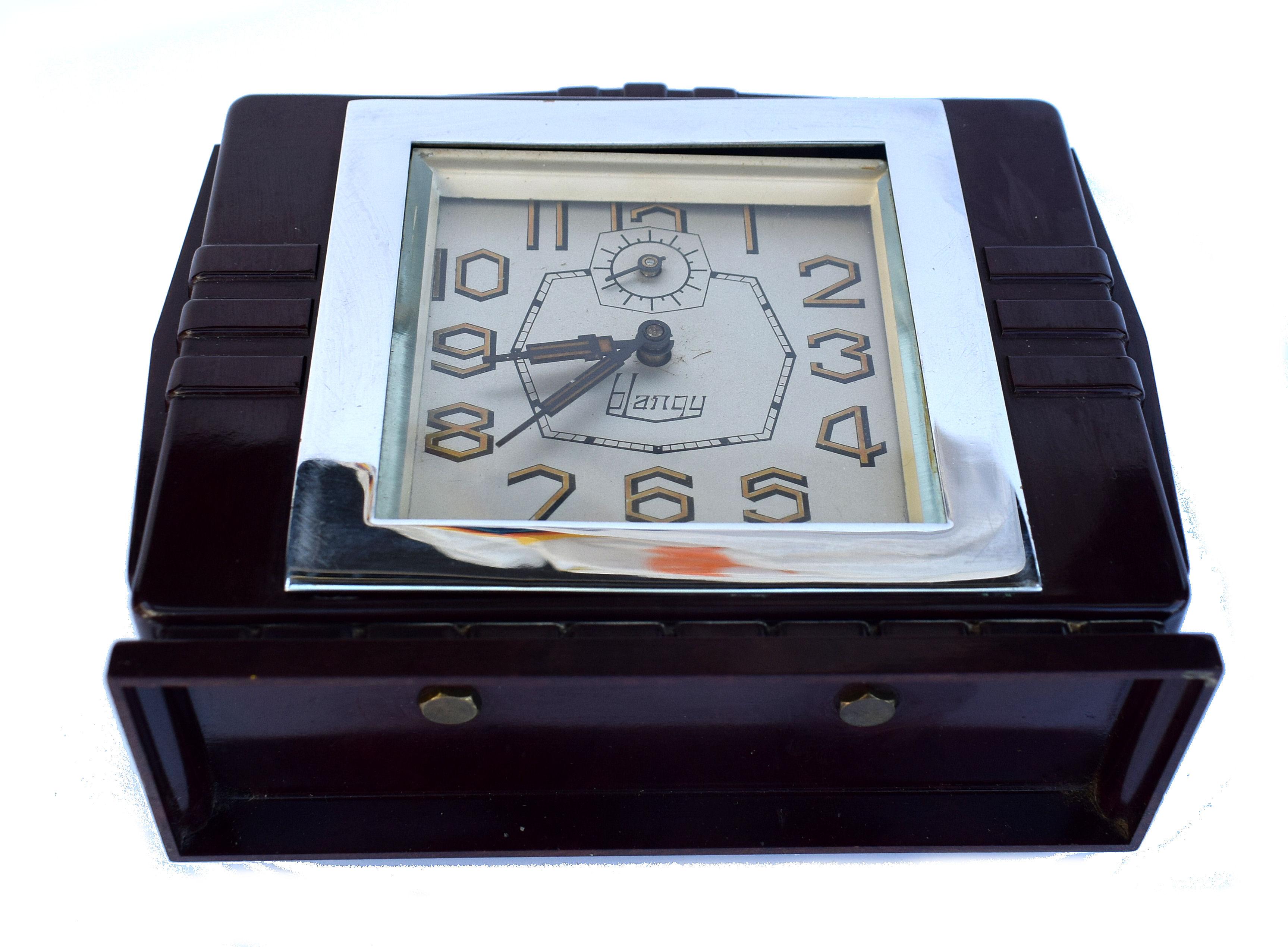 Chrome Art Deco French 1930's Bakelite Clock by Blangy For Sale