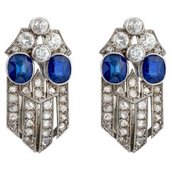 Art Deco French 2.00 carat sapphire diamond platinum earrings
