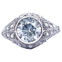 Antique Art Deco French 2.10 Carat Round Cut Diamond 18 Karat White Gold Bezel Set Ring