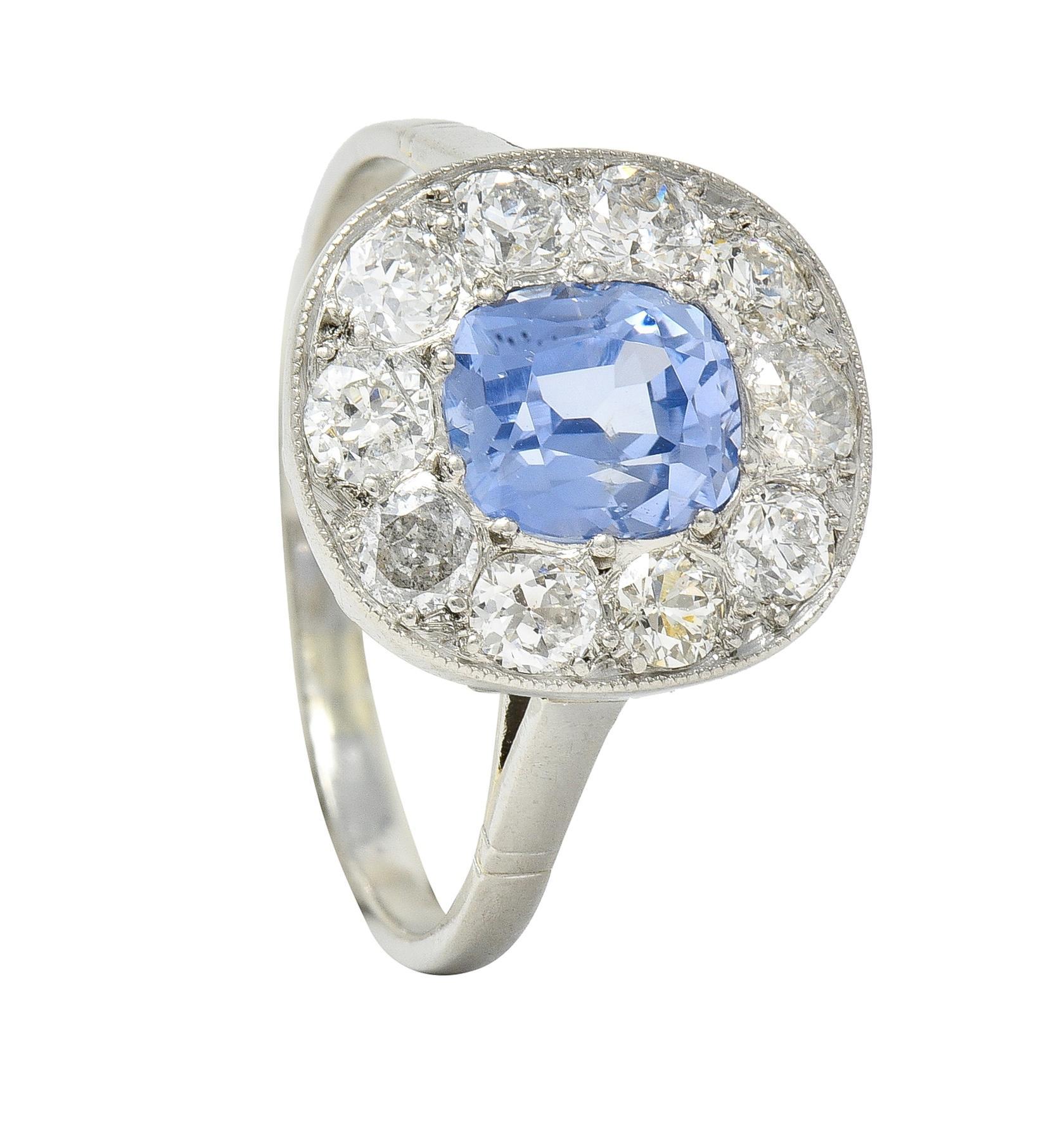 Art Deco French 2.18 CTW No Heat Sapphire Diamond Platinum Halo Ring GIA 5