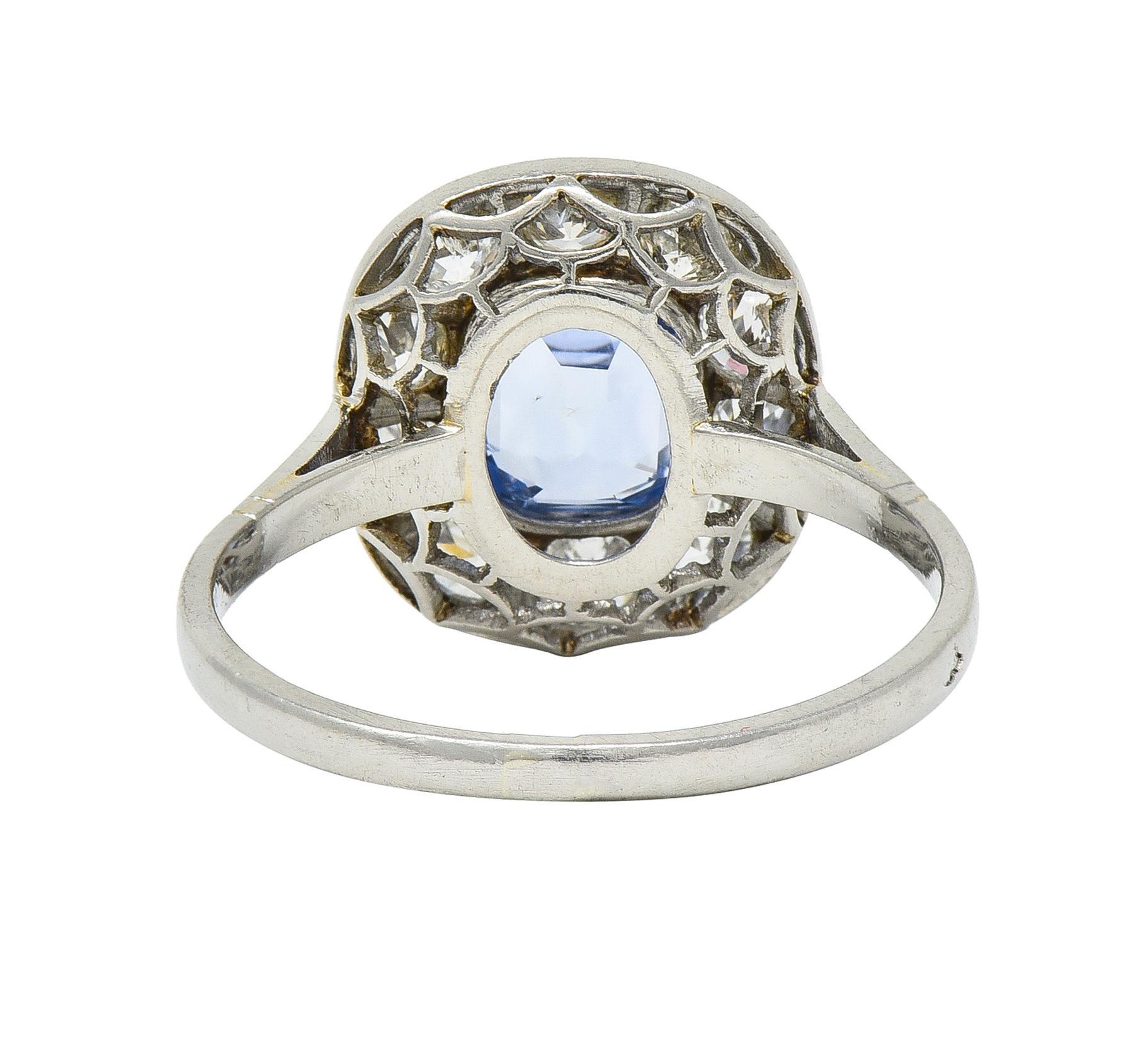 Art Deco French 2.18 CTW No Heat Sapphire Diamond Platinum Halo Ring GIA In Excellent Condition In Philadelphia, PA