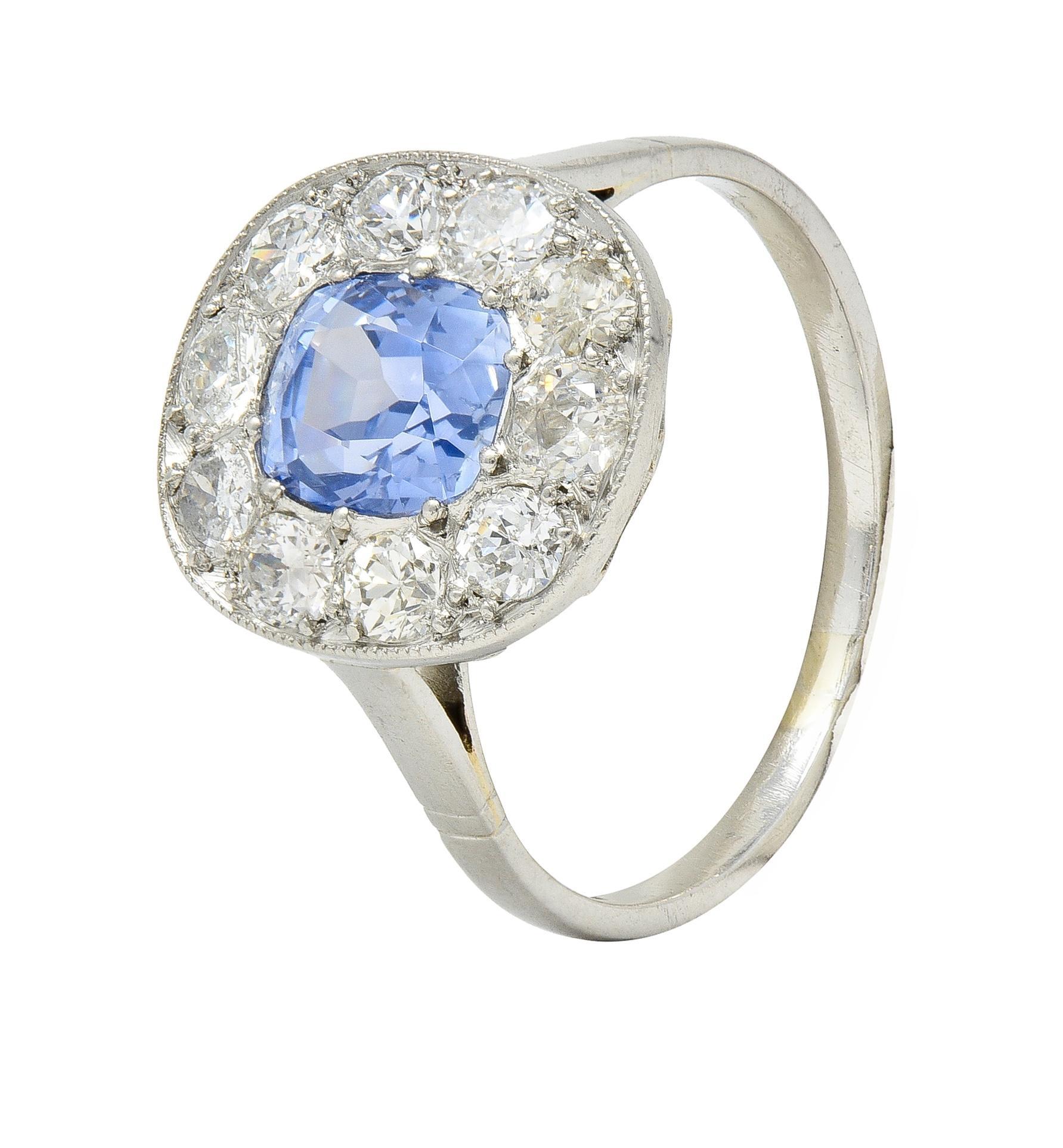 Art Deco French 2.18 CTW No Heat Sapphire Diamond Platinum Halo Ring GIA 2