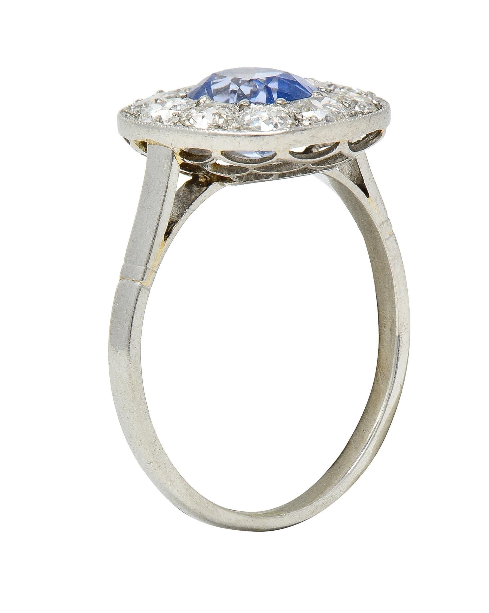Art Deco French 2.18 CTW No Heat Sapphire Diamond Platinum Halo Ring GIA 4