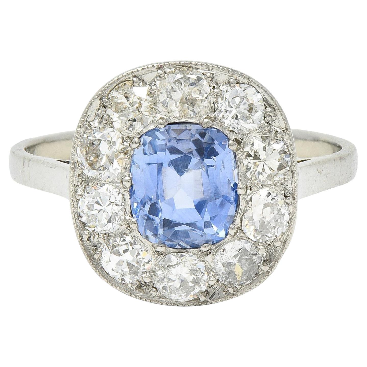 Art Deco French 2.18 CTW No Heat Sapphire Diamond Platinum Halo Ring GIA
