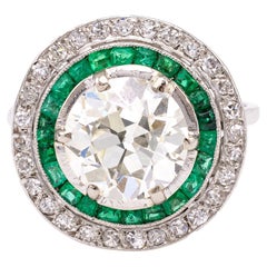 Art Deco French 2.50 Carat Old European Cut Diamond Emerald Platinum Target Ring