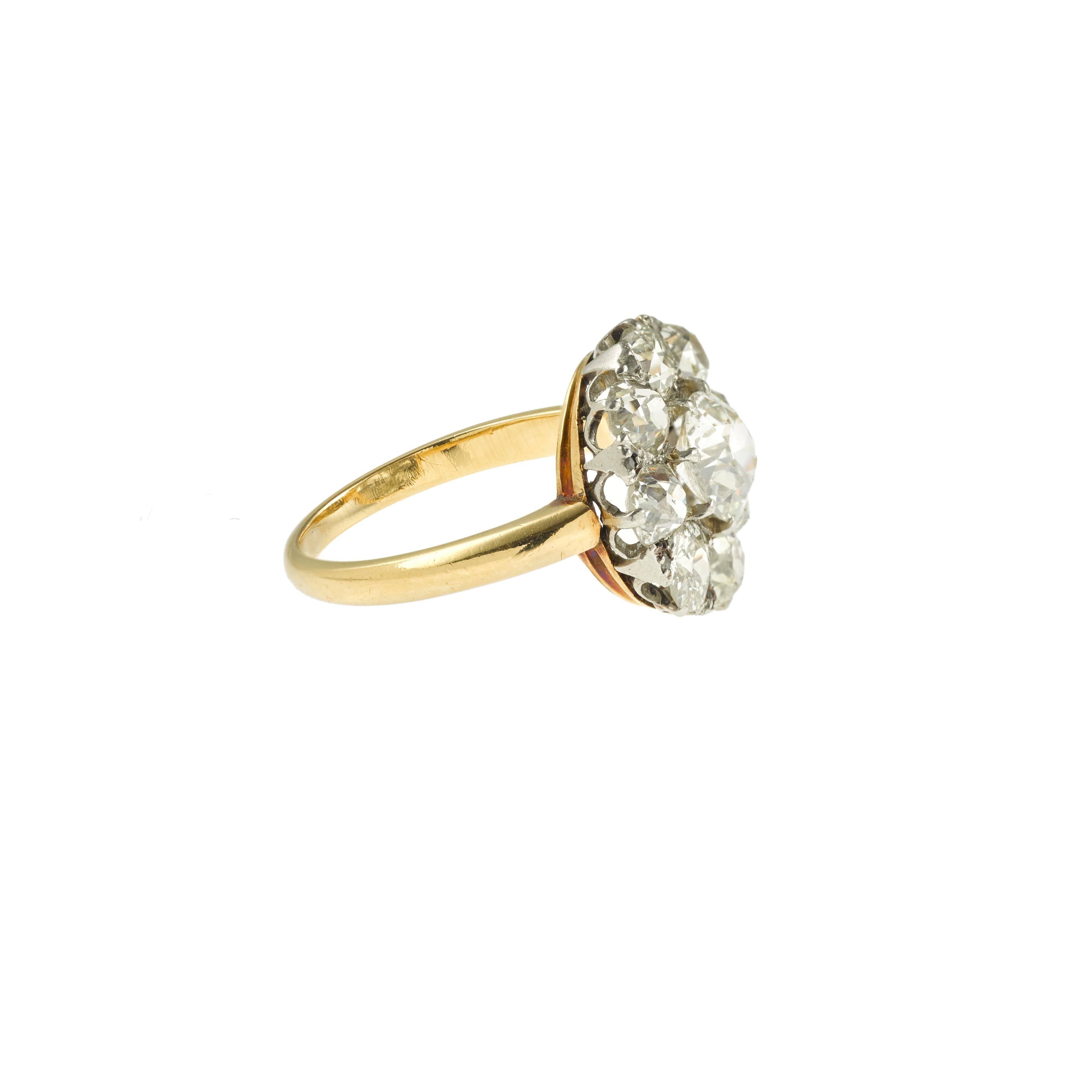 Amazing French old cut diamond Cluster Ring in 18K yellow gold Gold and platinium.

Exceptionally beautiful !

Central Old Cut diamond measuring 6.4 mm approx 1 carat: Color H/I /J  quality SI

8 Old Cut diamonds measuring 3.8 mm approx 1.60 carats