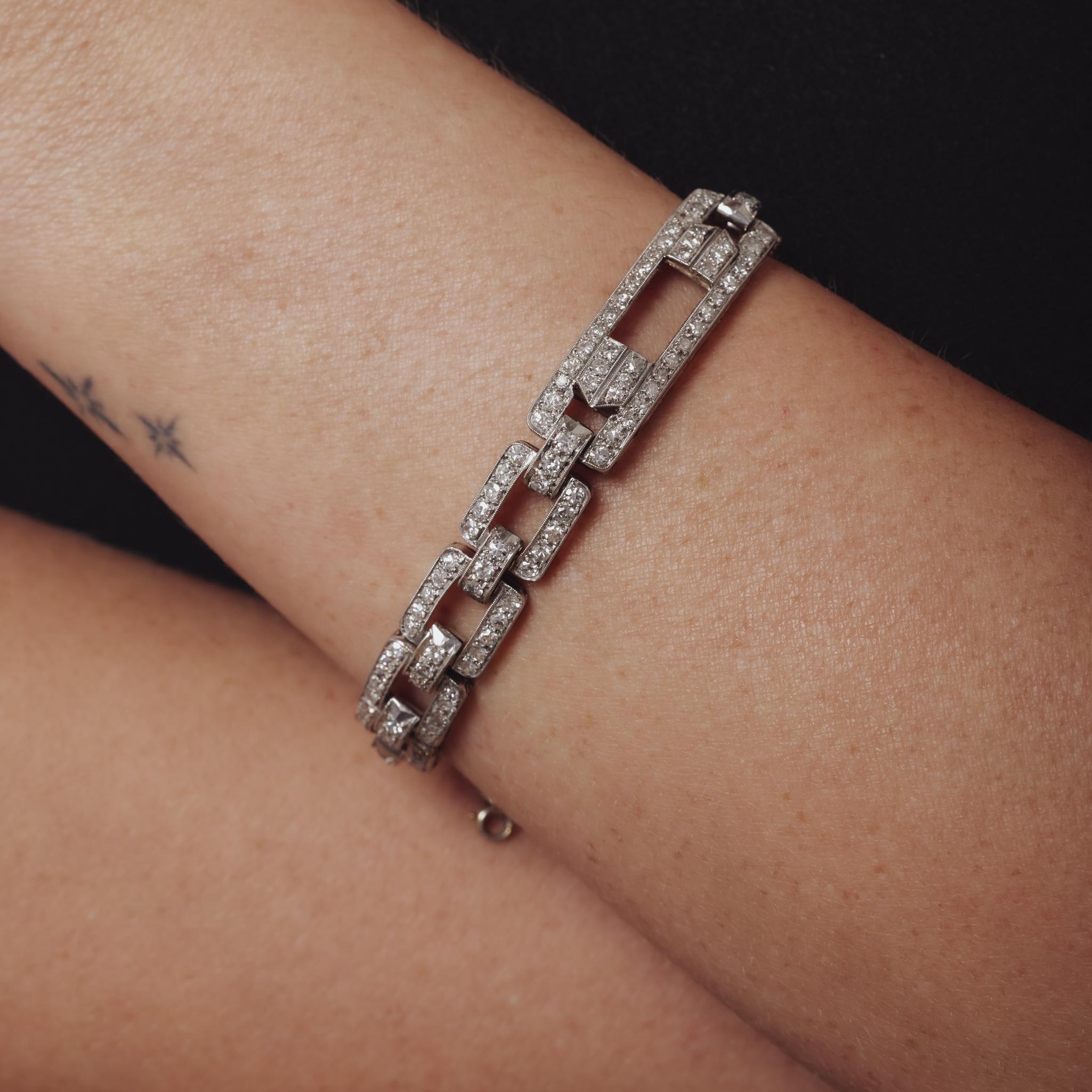 Bracelet Art déco français en platine et diamant de 3,10 carats en vente 1