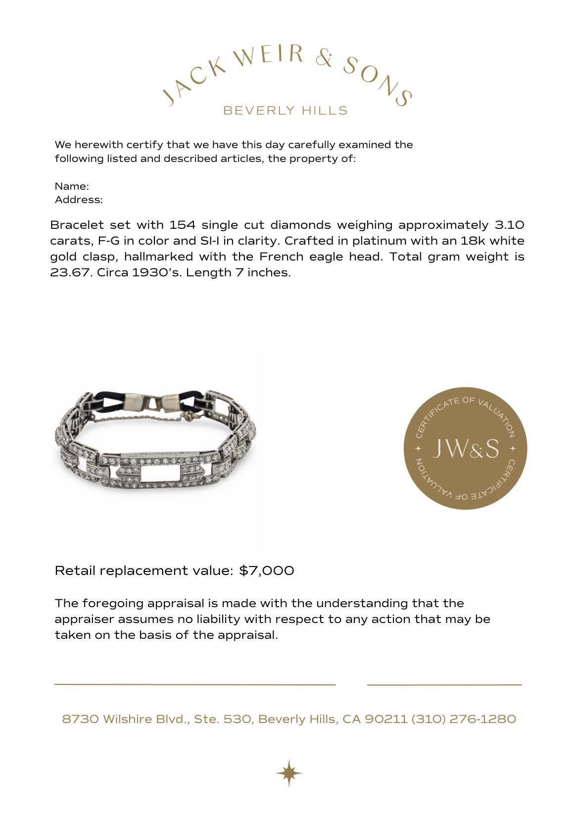 Bracelet Art déco français en platine et diamant de 3,10 carats en vente 2