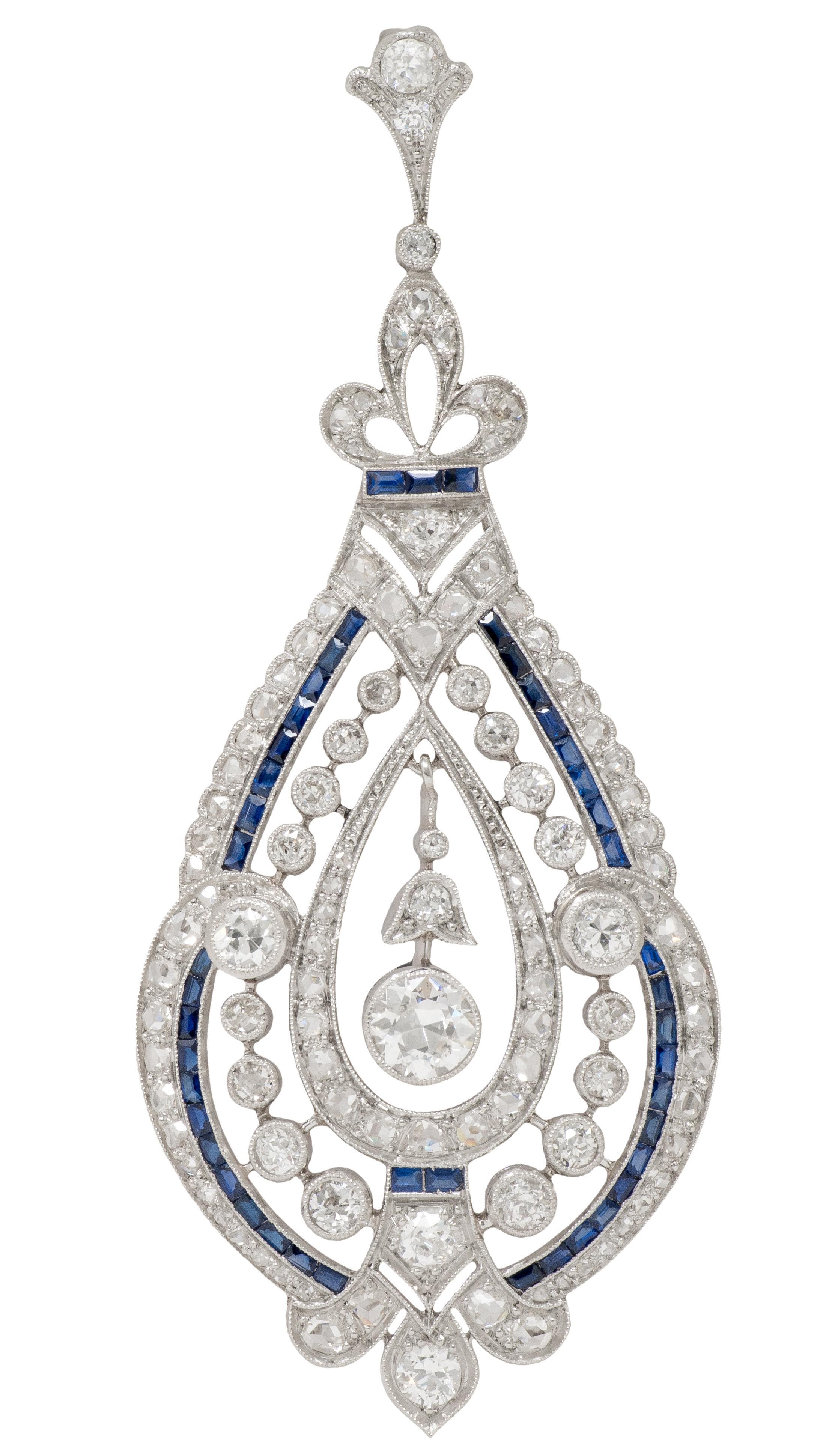 Vintage-Anhänger im Art-Déco-Stil aus Frankreich mit Diamanten und Saphiren (insgesamt 3,80 Karat) in Platin mit Fleur-de-Lis-Motiv