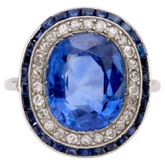 Platin-Cluster-Ring, Art déco, Französisch, 4 Karat Burma, unbehandelter Saphir, Diamant, Platin