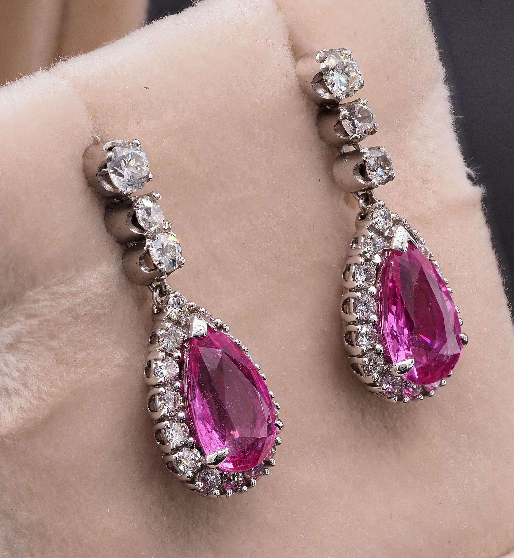 Seriously beautiful, scintillating Pink Colour combined with gleaming Diamonds classy drop earrings late Art Deco period, 1930/35 ca, traditional design to be cherished for ever.
Tasteful drop line design,hand fabricated in 18 Kt solid gold during
