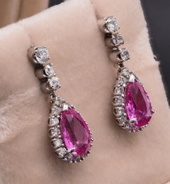 Art Deco French 4.50 Ct No Heat Pink Sapphire 1.30 Ct Diamond Drop Earrings
