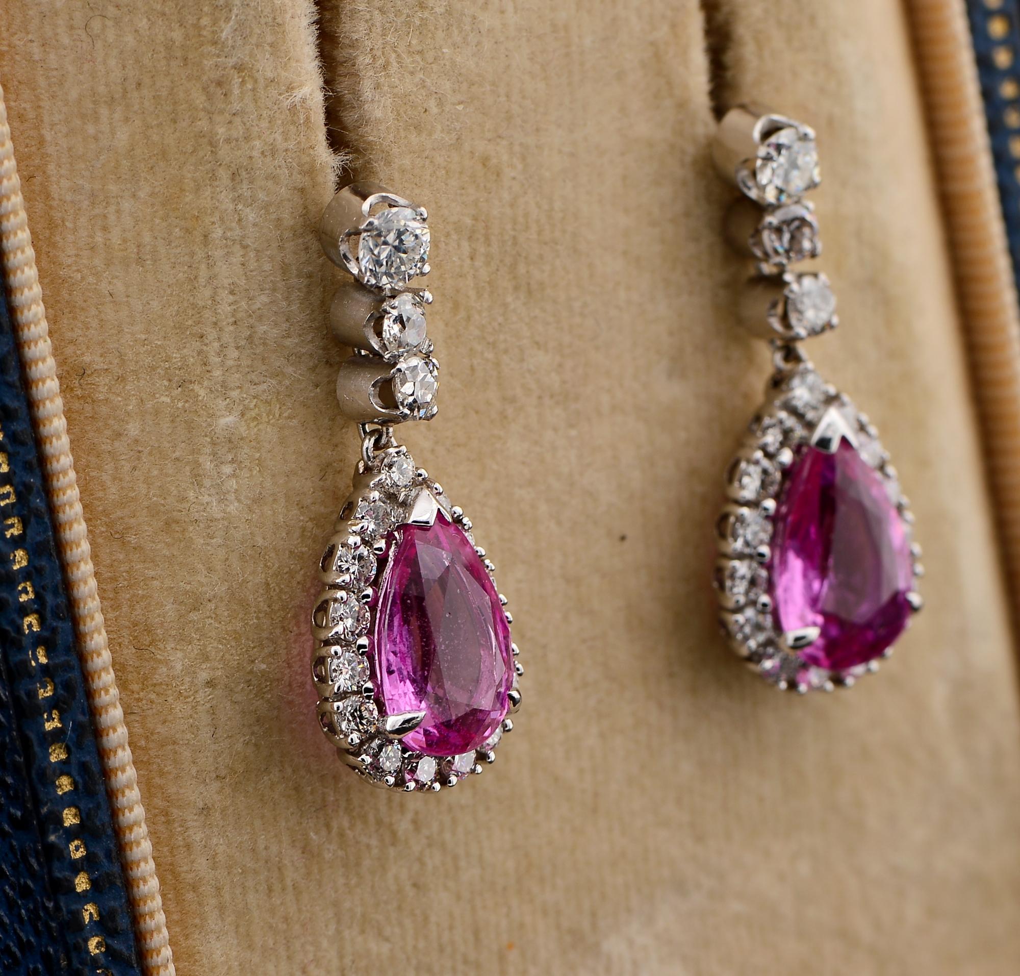 Pear Cut Art Deco French 4.50 Ct No Heat Pink Sapphire 1.30 Ct Diamond Drop Earrings For Sale