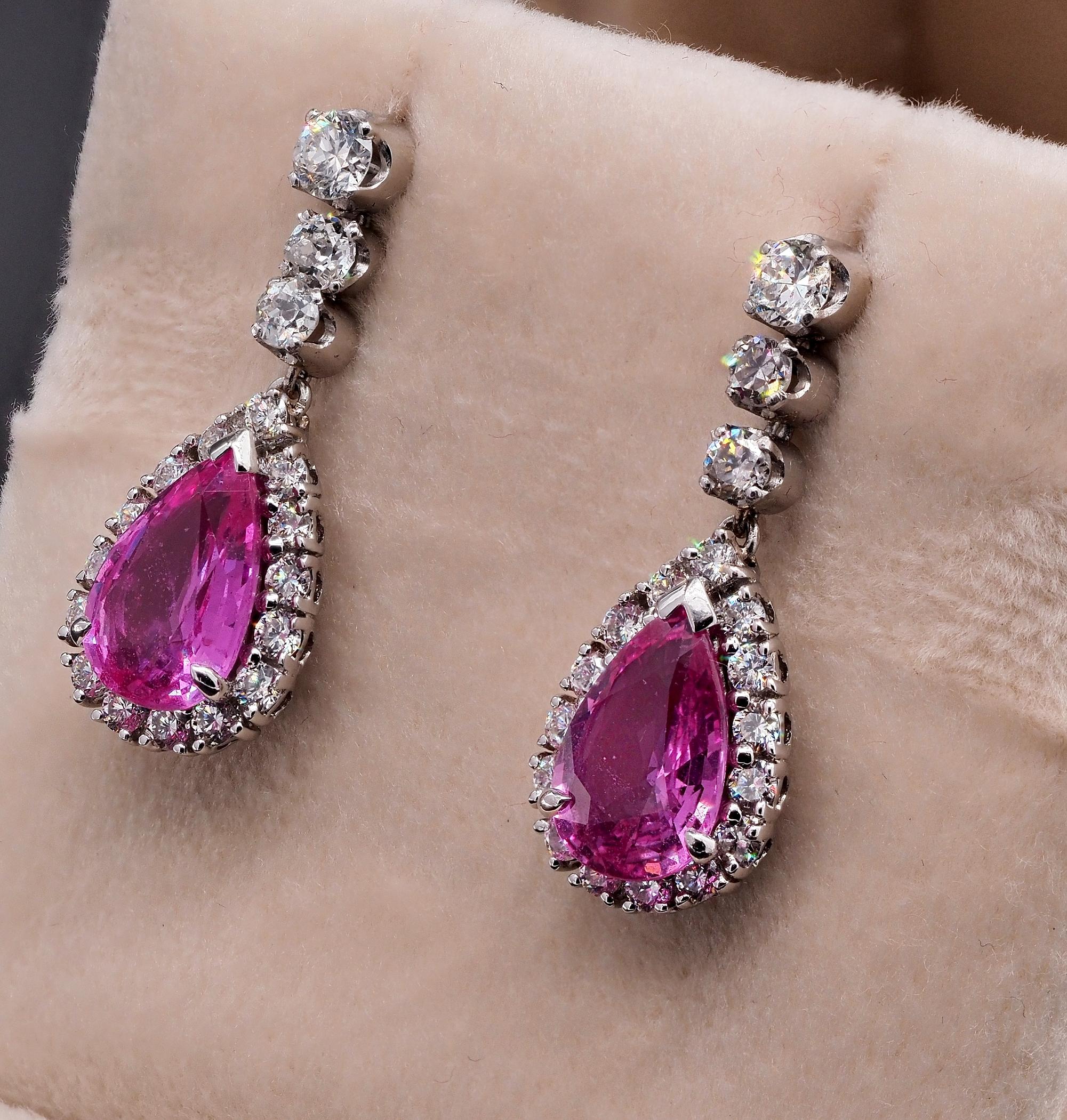 Art Deco French 4.50 Ct No Heat Pink Sapphire 1.30 Ct Diamond Drop Earrings In Good Condition For Sale In Napoli, IT