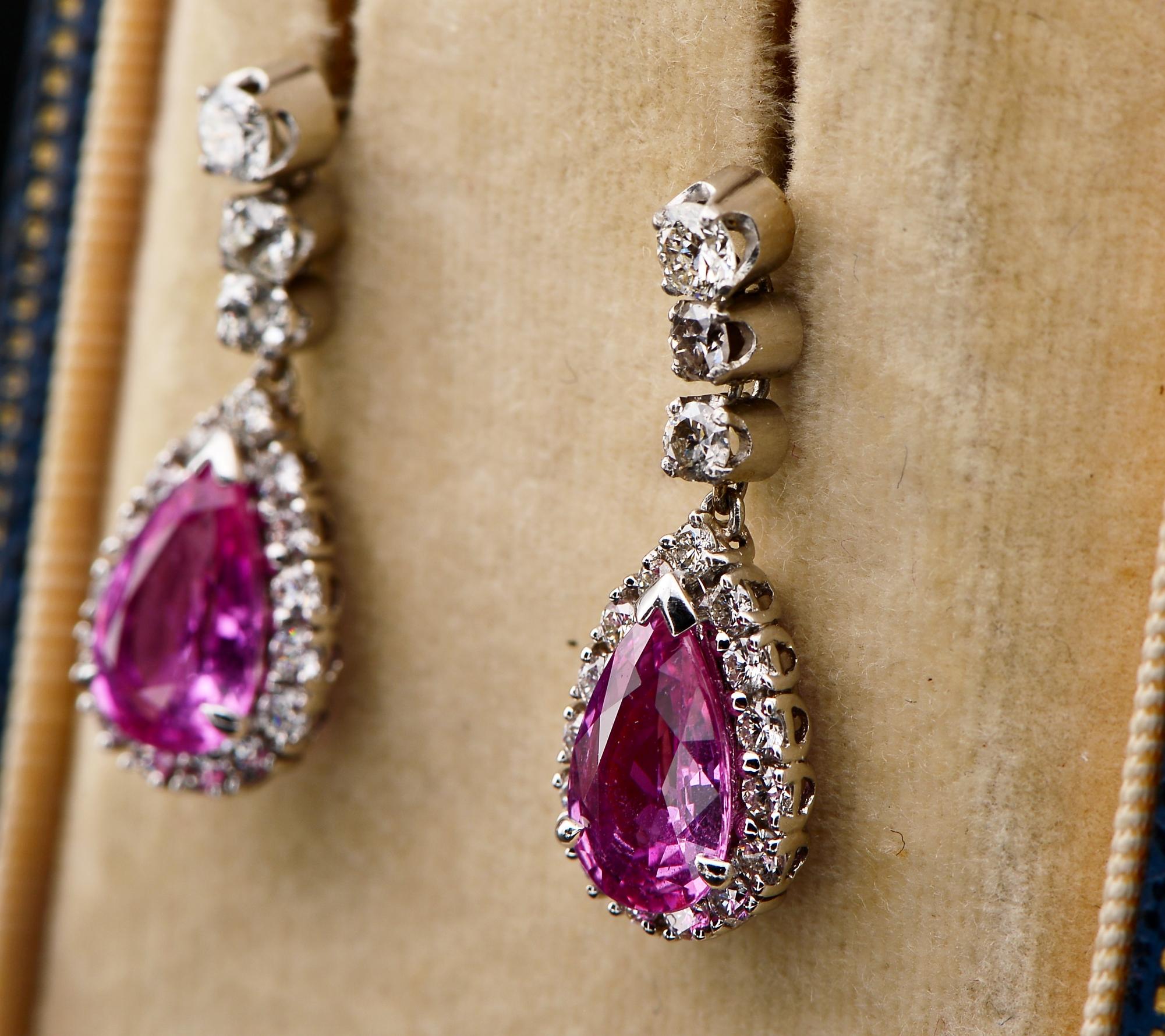 Women's Art Deco French 4.50 Ct No Heat Pink Sapphire 1.30 Ct Diamond Drop Earrings For Sale