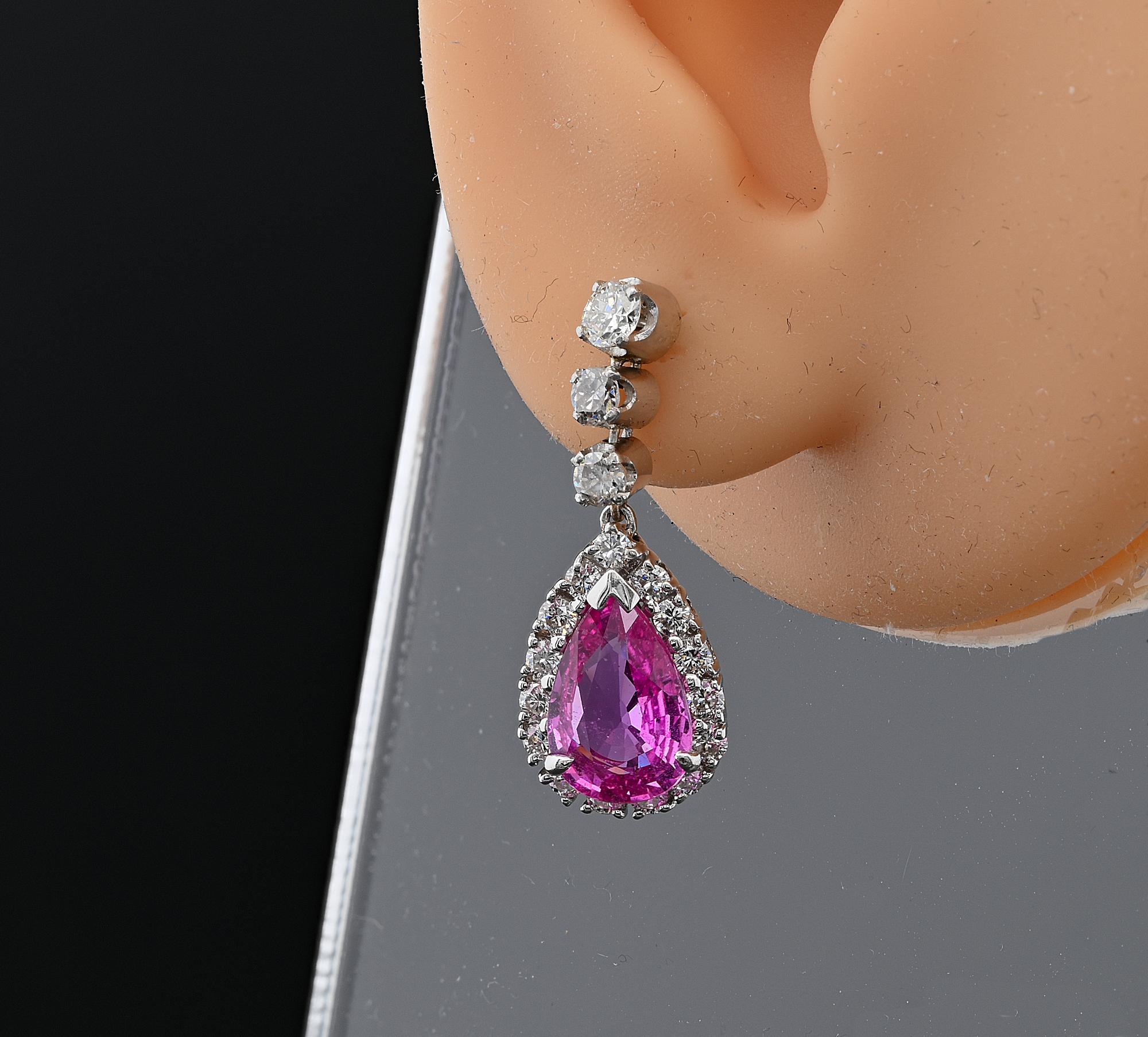 Art Deco French 4.50 Ct No Heat Pink Sapphire 1.30 Ct Diamond Drop Earrings For Sale 3