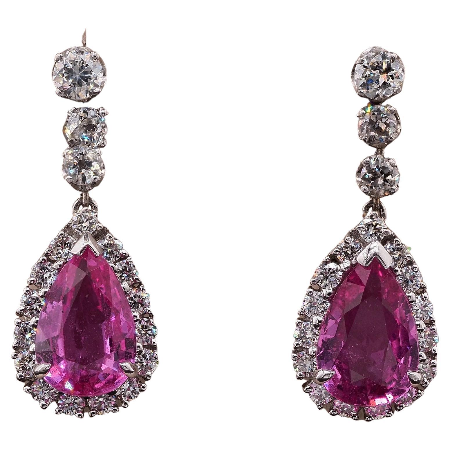 Art Deco French 4.50 Ct No Heat Pink Sapphire 1.30 Ct Diamond Drop Earrings For Sale