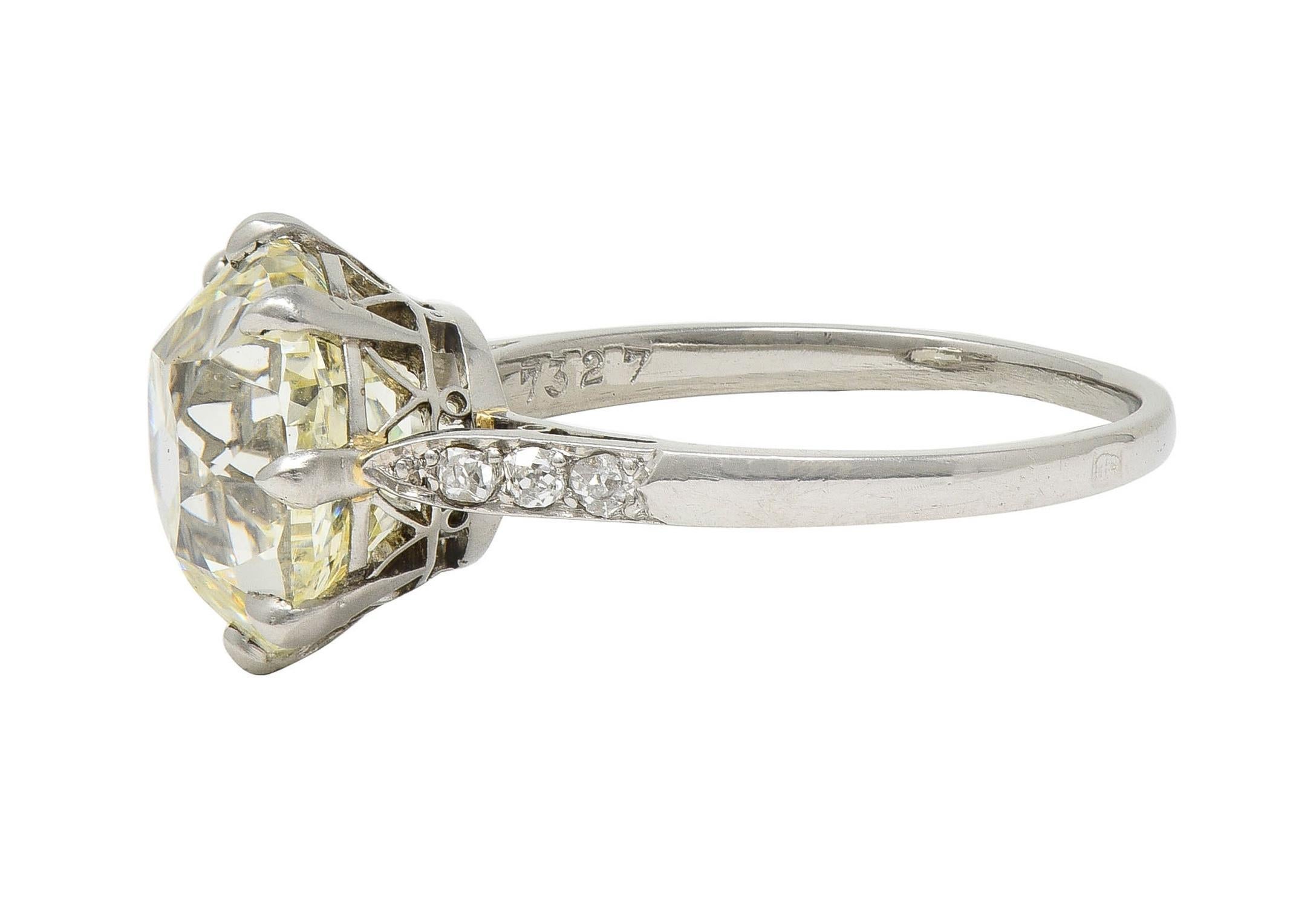 Art Deco French 4.87 CTW Old European Diamond Platinum Vintage Engagement Ring For Sale 1