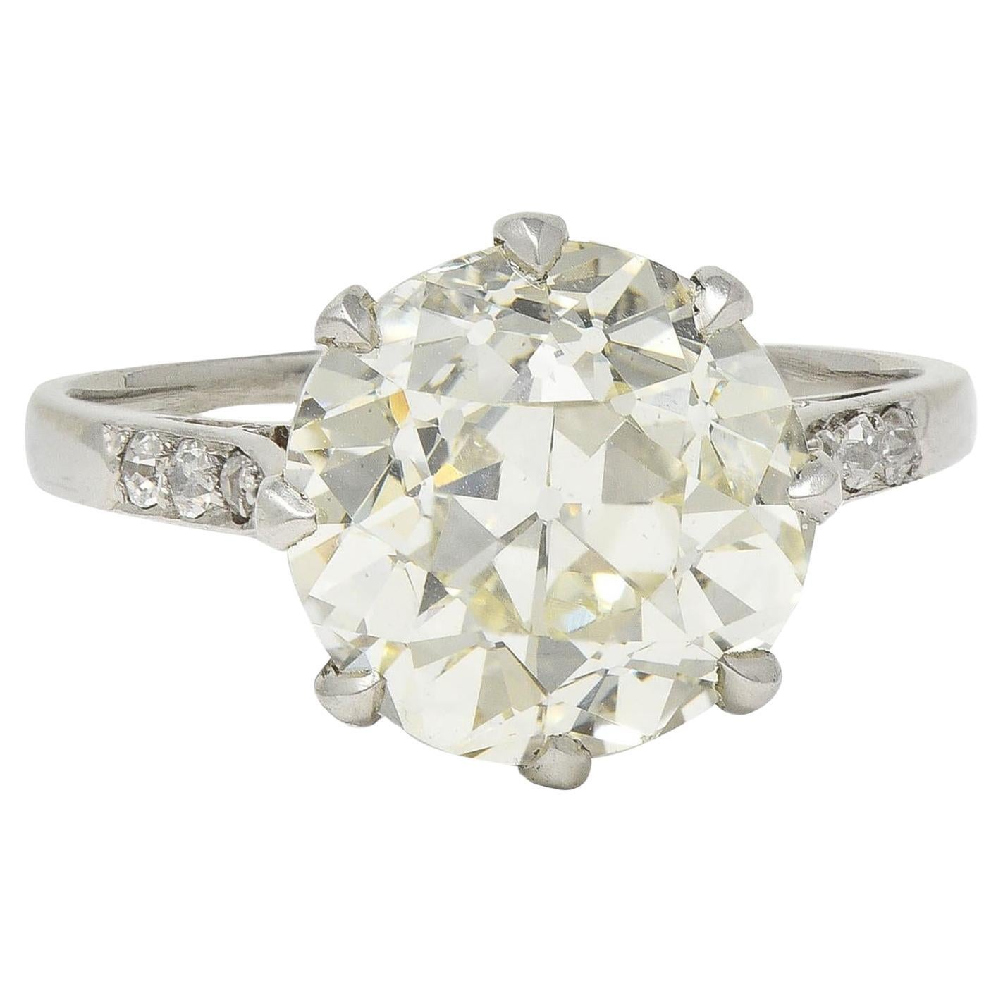 Art Deco French 4.87 CTW Old European Diamond Platinum Vintage Engagement Ring For Sale