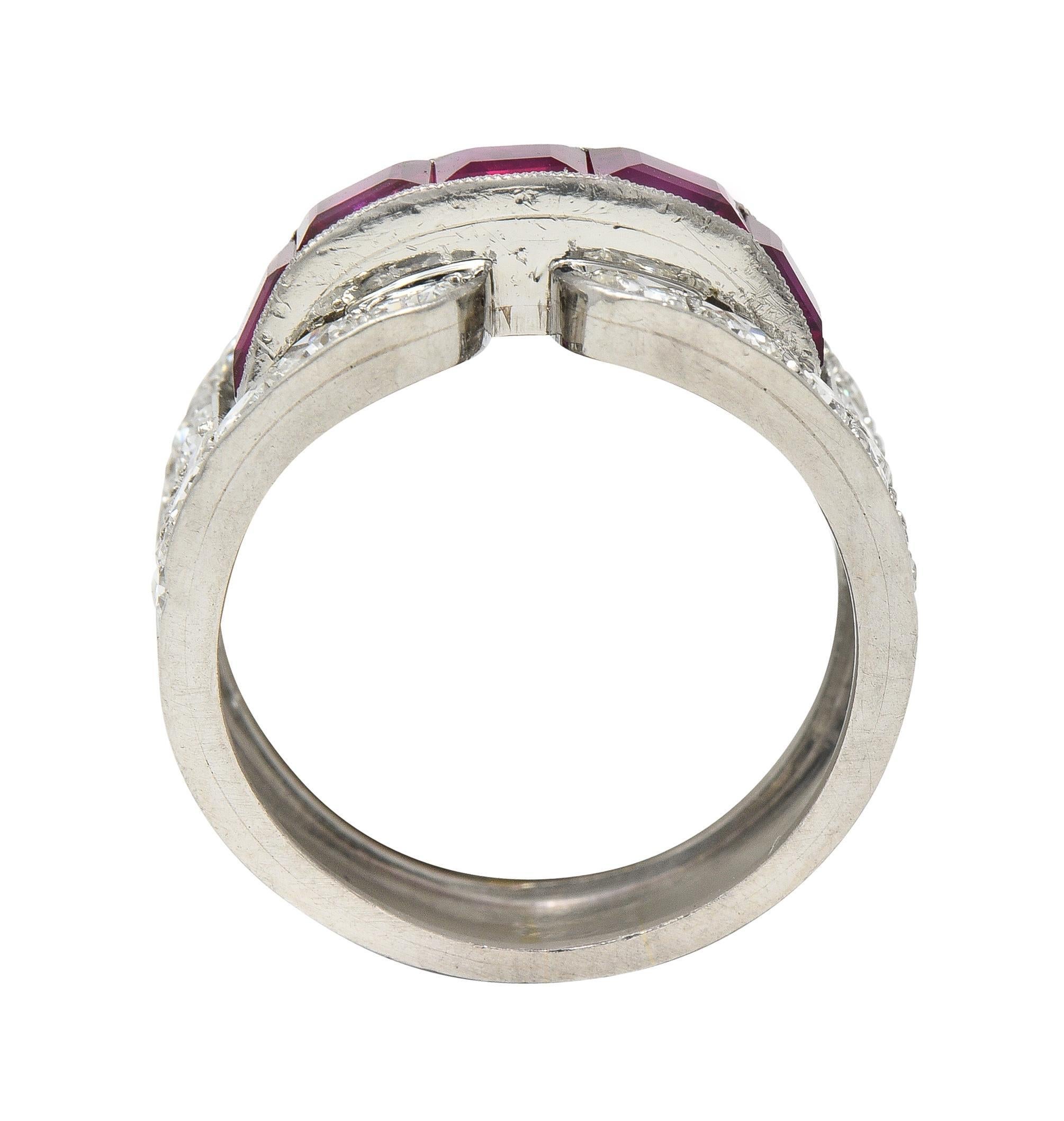 Art Deco French 5.48 CTW Ruby Diamond Platinum Vintage Buckle Band Ring For Sale 5