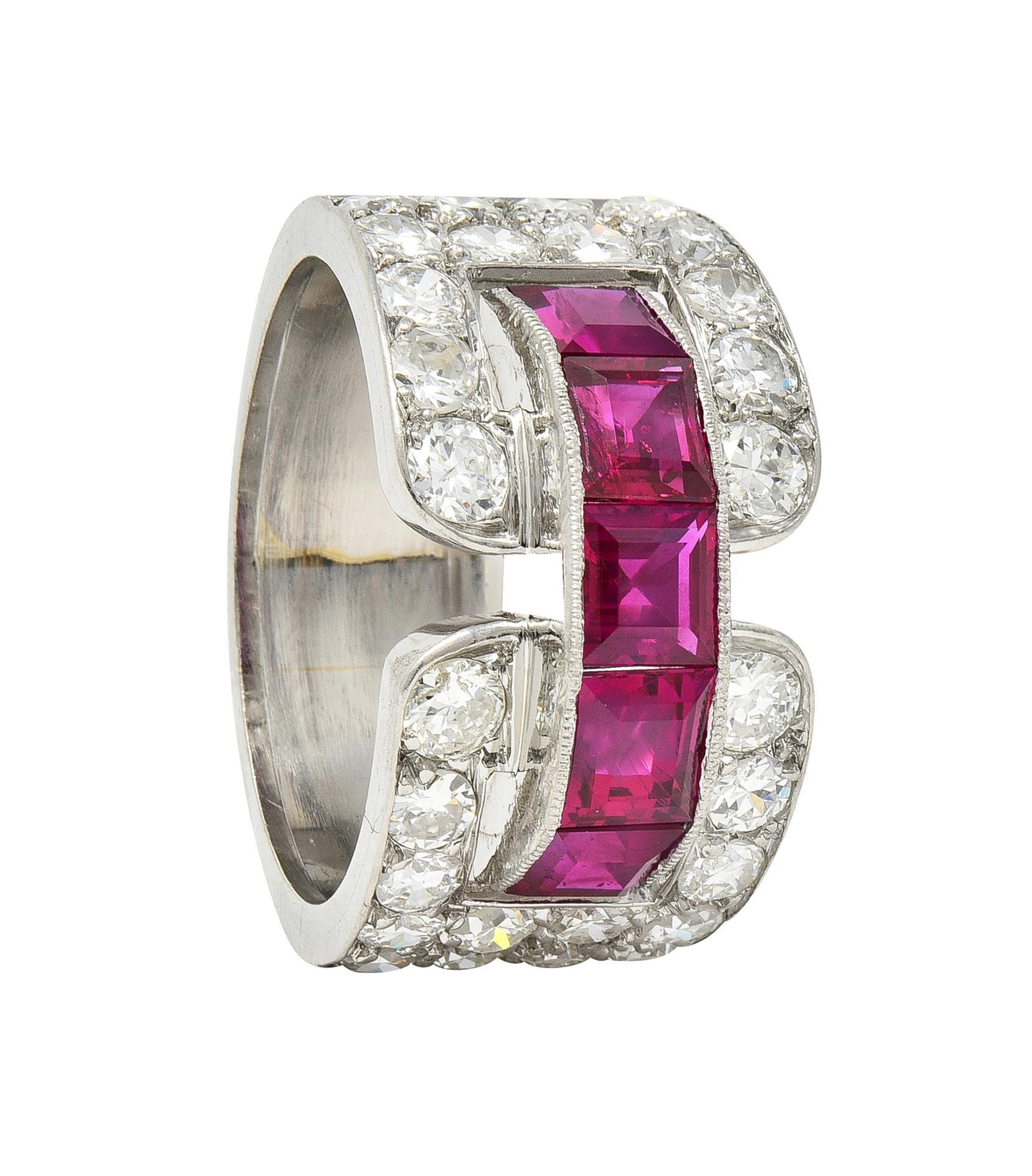 Art Deco French 5.48 CTW Ruby Diamond Platinum Vintage Buckle Band Ring For Sale 6