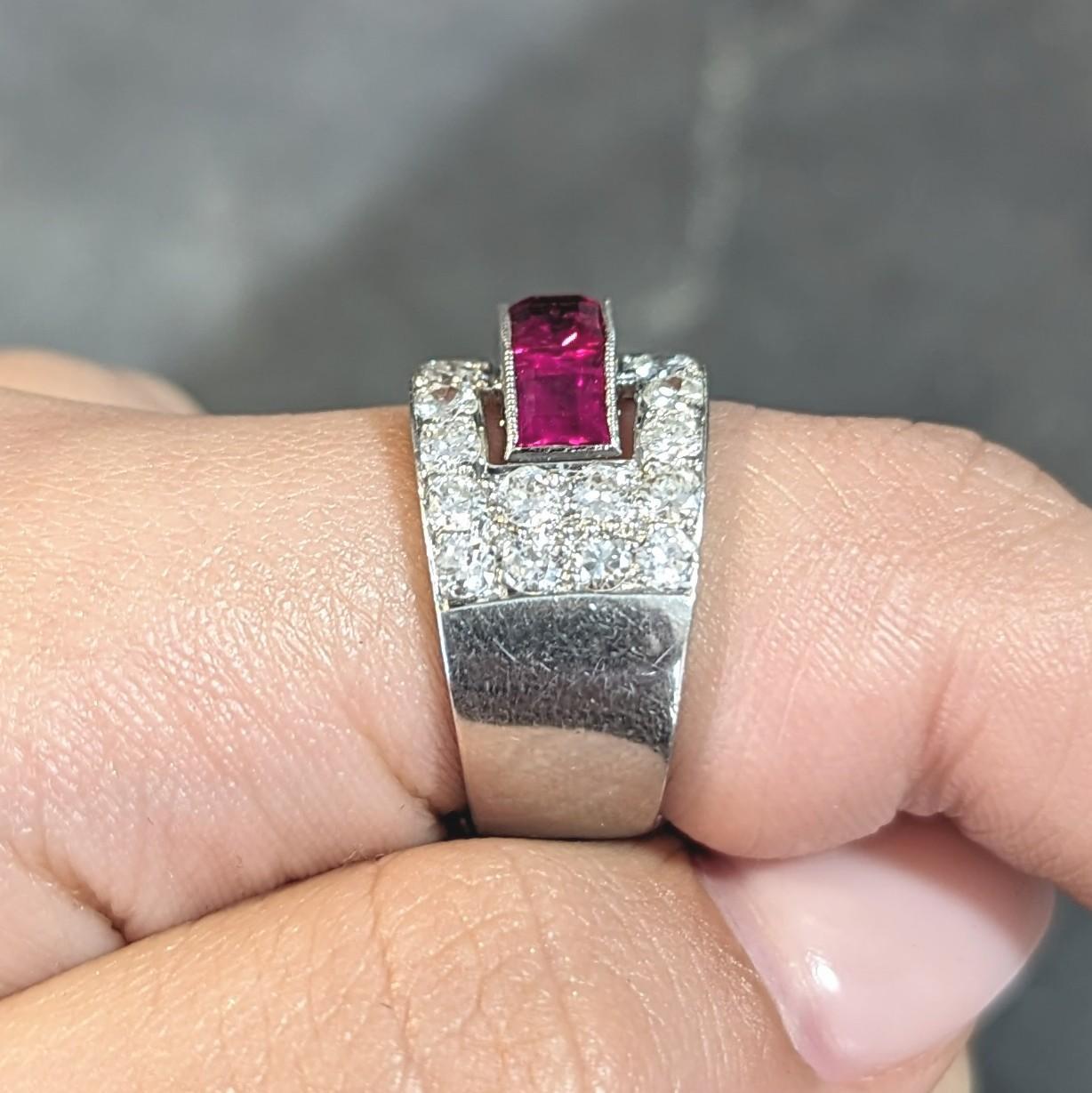 Art Deco French 5.48 CTW Ruby Diamond Platinum Vintage Buckle Band Ring For Sale 9