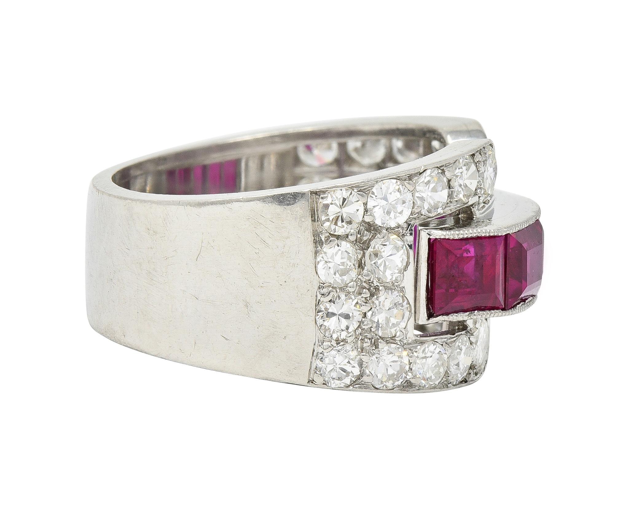 Round Cut Art Deco French 5.48 CTW Ruby Diamond Platinum Vintage Buckle Band Ring For Sale