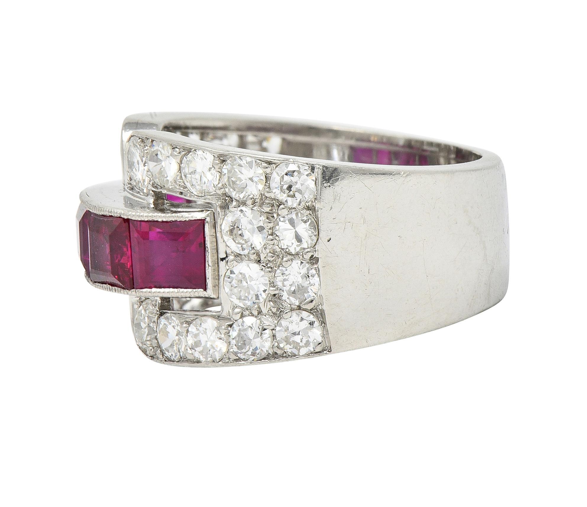 Women's or Men's Art Deco French 5.48 CTW Ruby Diamond Platinum Vintage Buckle Band Ring For Sale