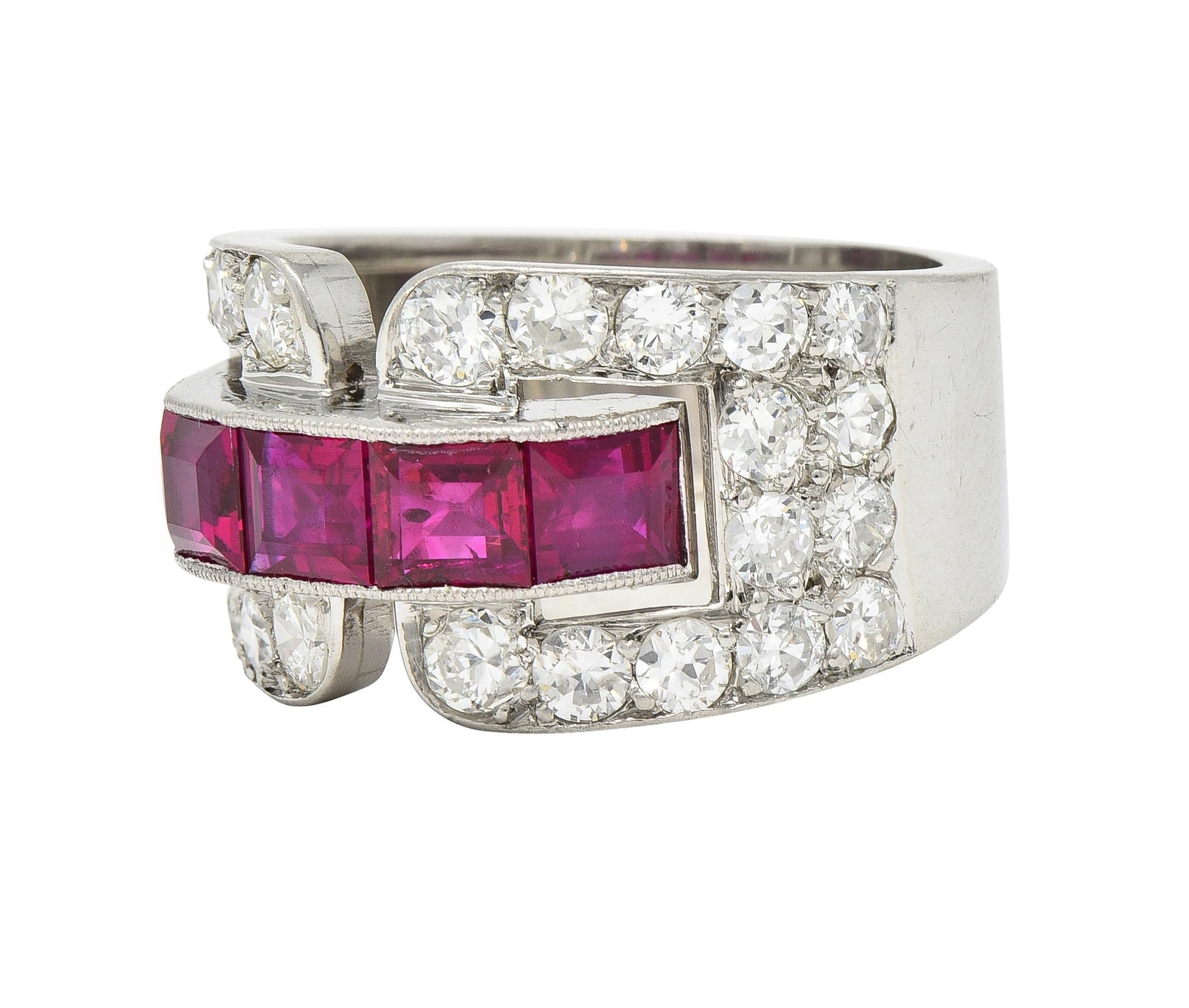 Art Deco French 5.48 CTW Ruby Diamond Platinum Vintage Buckle Band Ring For Sale 1