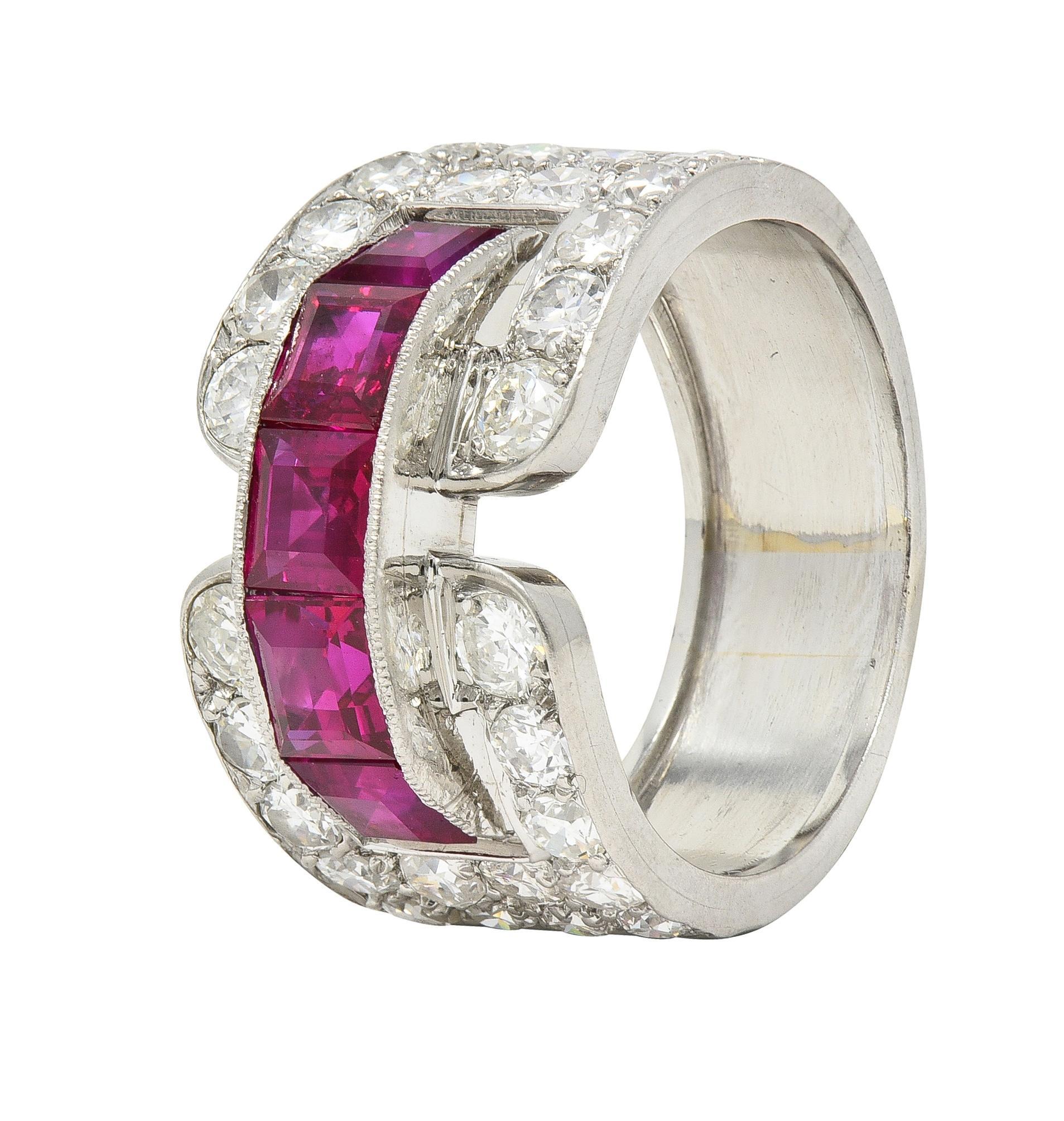 Art Deco Französisch 5,48 Karat Rubin Diamant Platin Vintage Schnalle Band Ring im Angebot 2