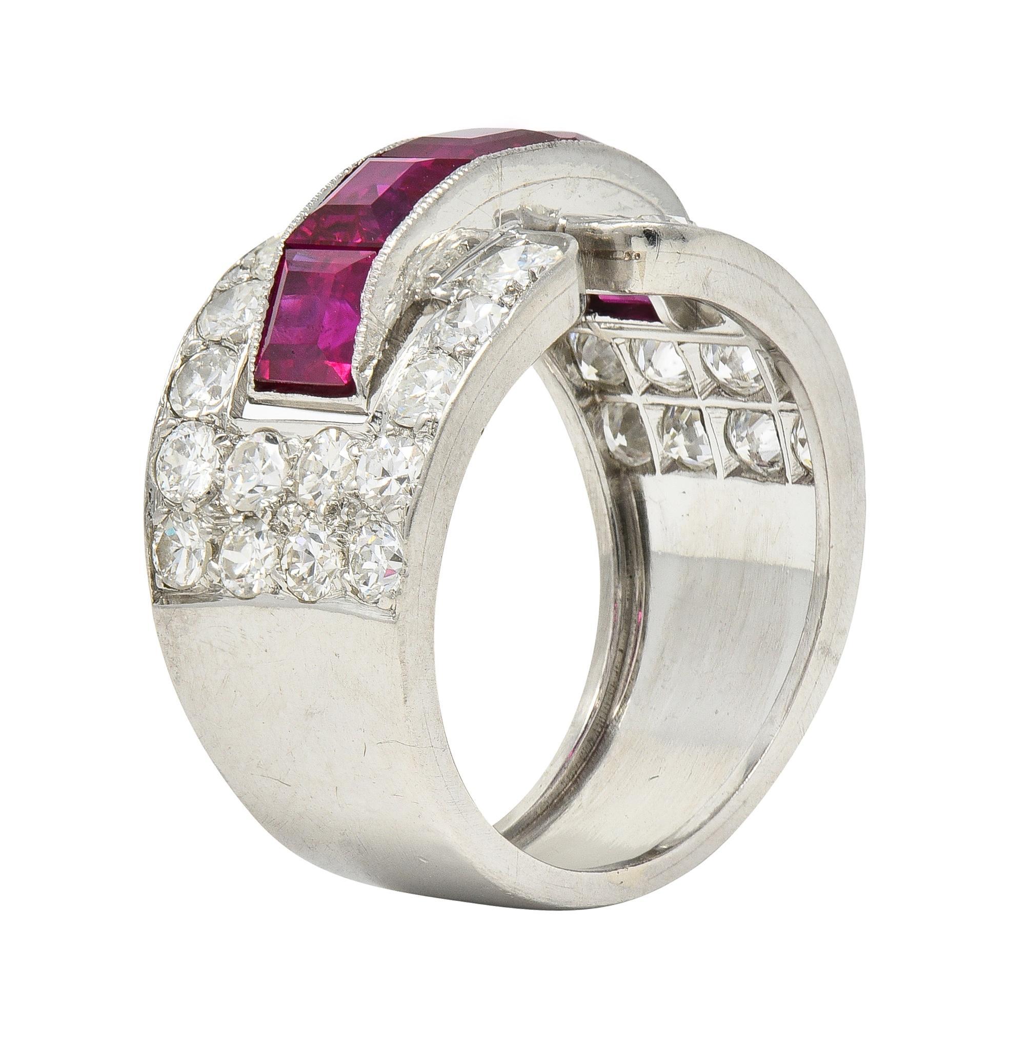 Art Deco French 5.48 CTW Ruby Diamond Platinum Vintage Buckle Band Ring For Sale 4