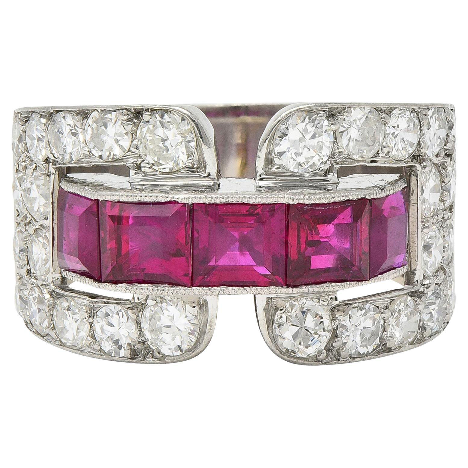 Art Deco French 5.48 CTW Ruby Diamond Platinum Vintage Buckle Band Ring For Sale