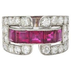Art Deco French 5.48 CTW Ruby Diamond Platinum Vintage Buckle Band Ring
