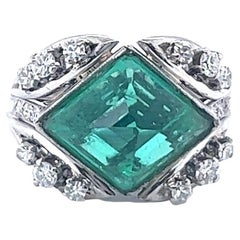 Art Deco French 6.00 Carat Emerald Diamond Platinum Ring