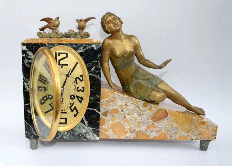 Art Deco French 8 Day Marble Mantle Clock, c1930's 6