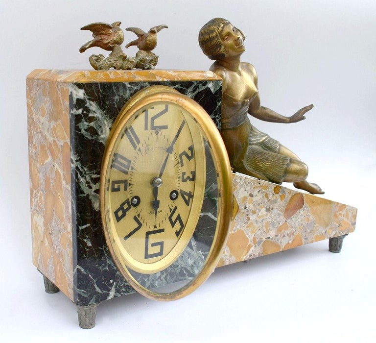 Gilt Art Deco French 8 Day Marble Mantle Clock, c1930's
