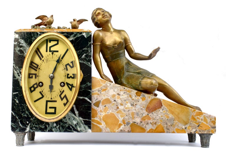 20th Century Art Deco French 8 Day Marble Mantle Clock, c1930's