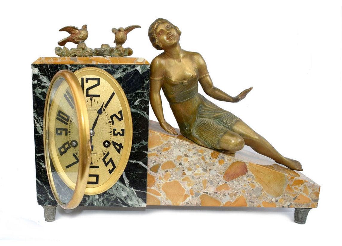 Art Deco French 8 Day Marble Mantle Clock, c1930's 2