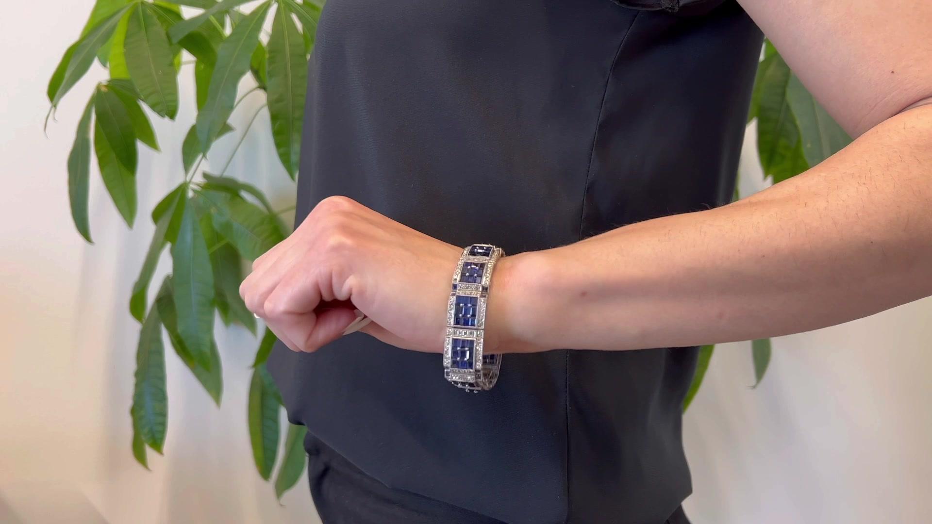 Platinarmband im französischen Art déco-Stil mit AGL-Saphir und Diamant (Einfacher Schliff)