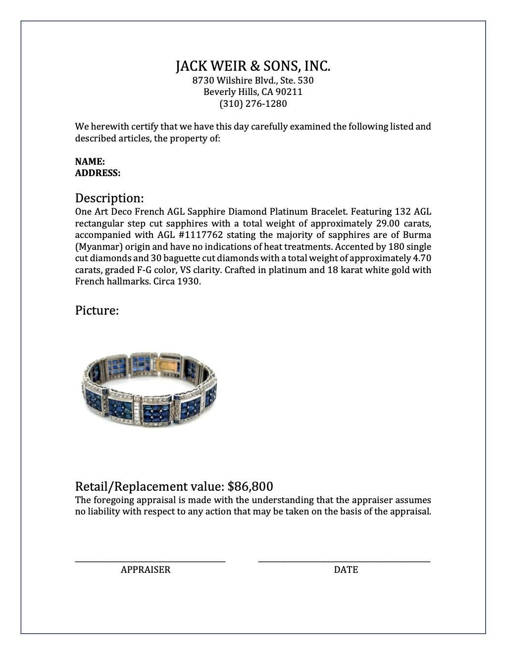 Platinarmband im französischen Art déco-Stil mit AGL-Saphir und Diamant 3