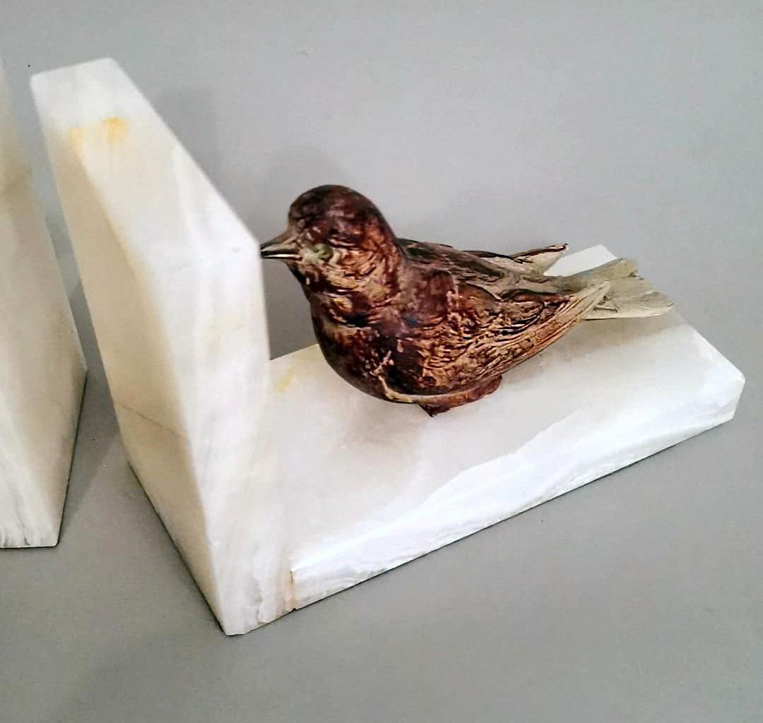 Art Deco French Alabaster Bookends Pair with Colorful Metal Birds 8