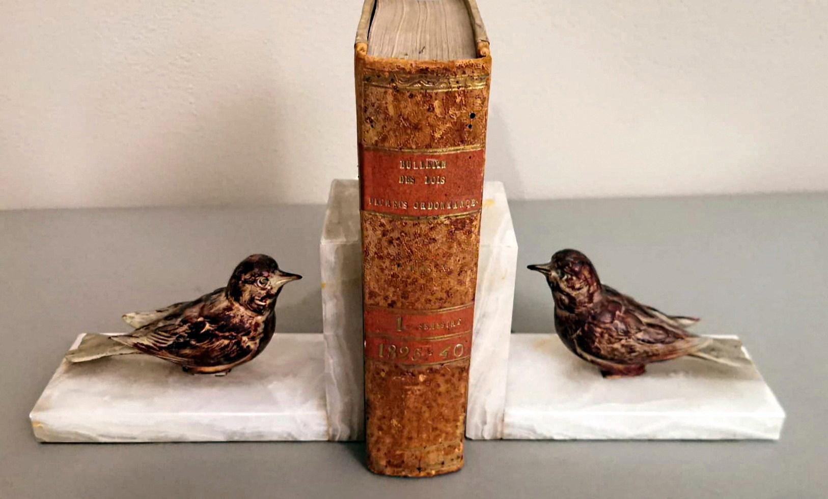 Art Deco French Alabaster Bookends Pair with Colorful Metal Birds 11