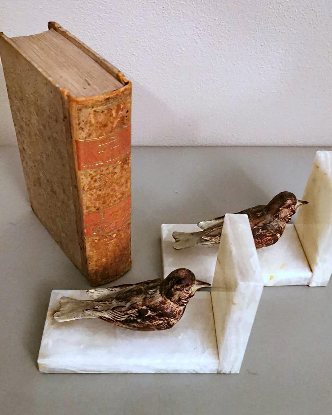 Art Deco French Alabaster Bookends Pair with Colorful Metal Birds 12