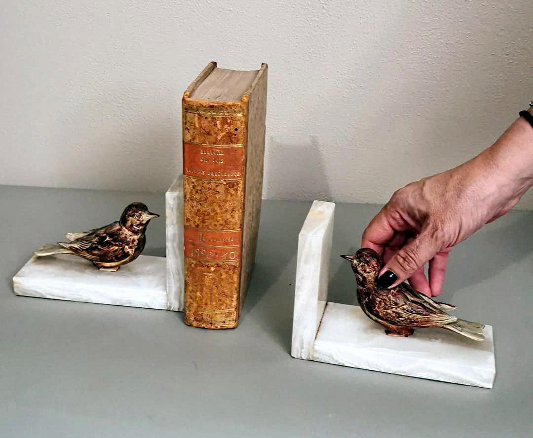 Art Deco French Alabaster Bookends Pair with Colorful Metal Birds 13