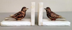 Art Deco French Alabaster Bookends Pair with Colorful Metal Birds