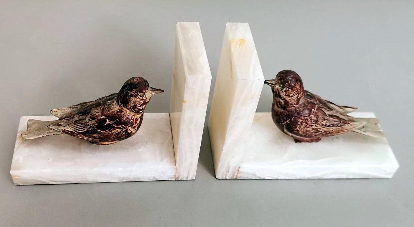 Bronzed Art Deco French Alabaster Bookends Pair with Colorful Metal Birds