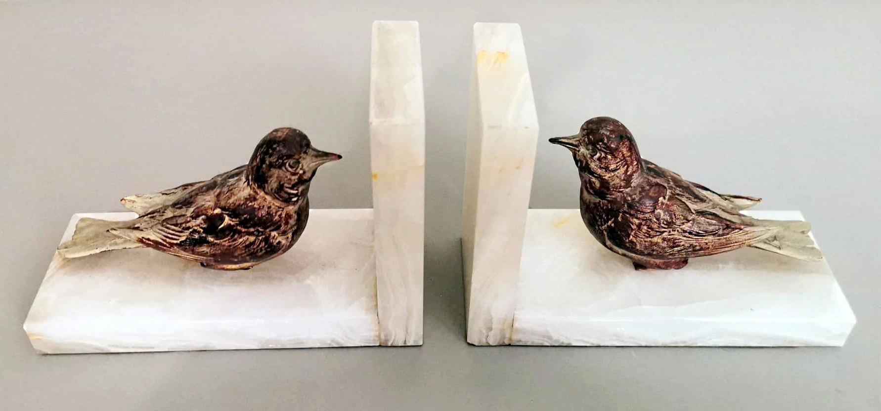 Art Deco French Alabaster Bookends Pair with Colorful Metal Birds In Good Condition In Prato, Tuscany
