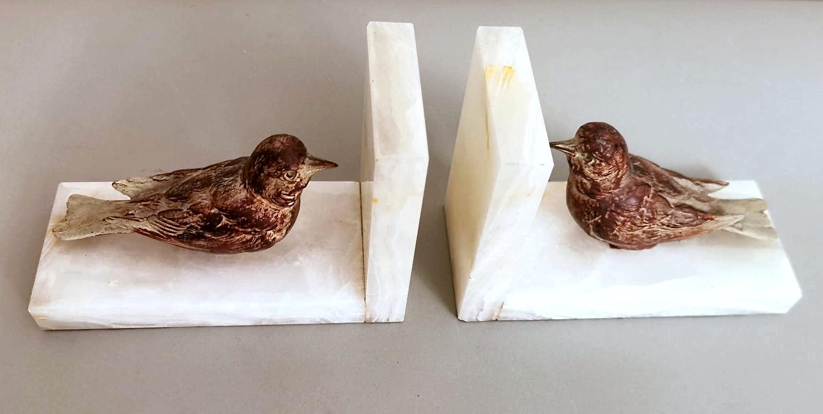20th Century Art Deco French Alabaster Bookends Pair with Colorful Metal Birds
