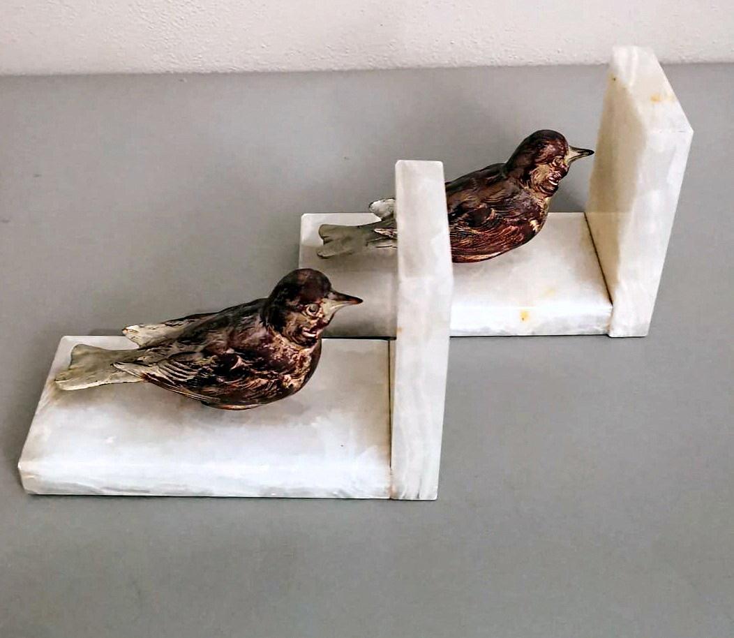 Art Deco French Alabaster Bookends Pair with Colorful Metal Birds 3