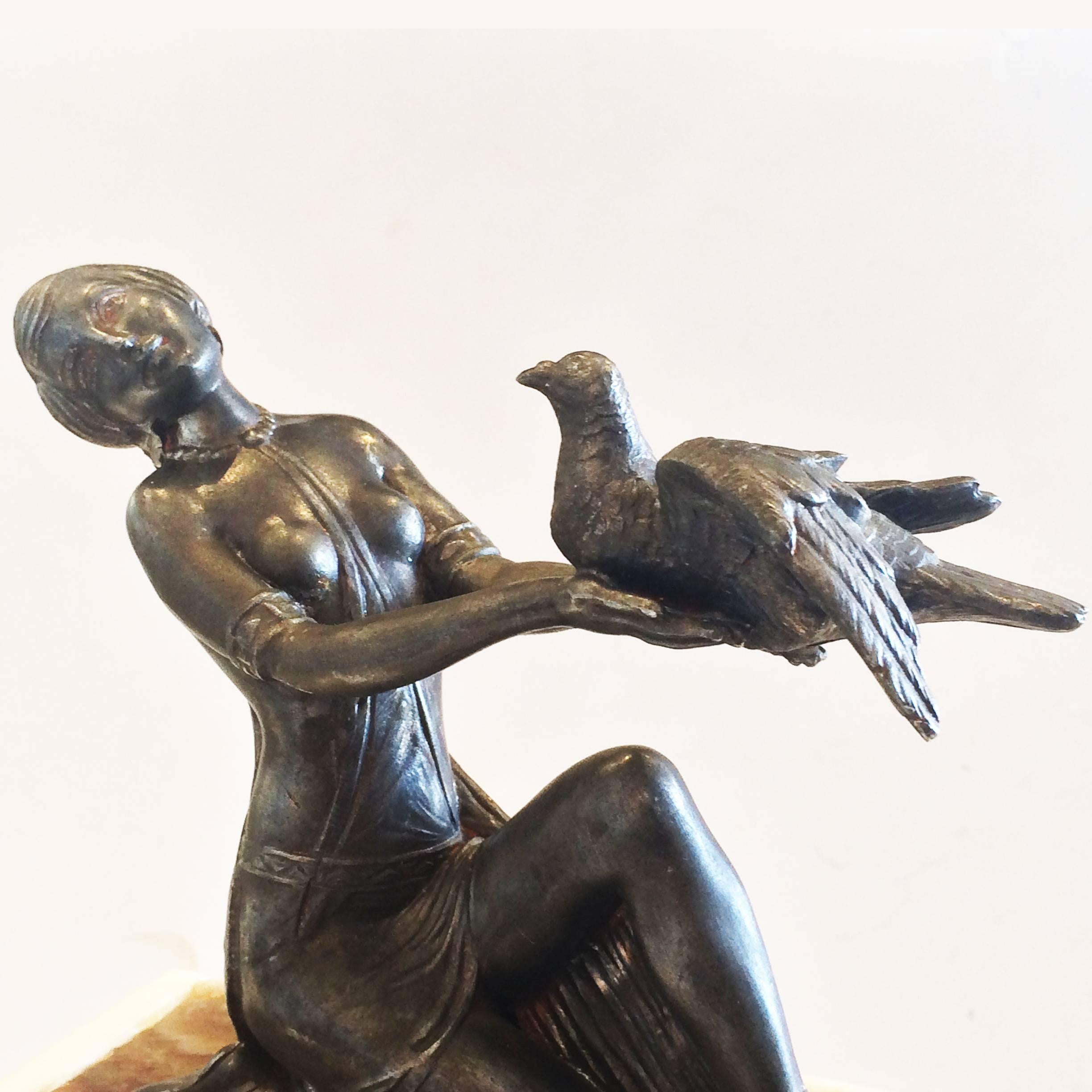 Mid-20th Century Art Deco French Alabaster Lamp with Woman with Dove